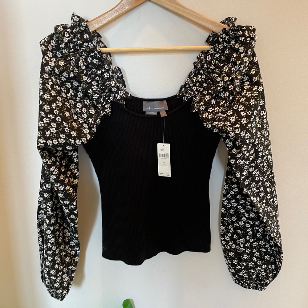 NWT Anthropologie Woven Ruffle Sleeve Sweater - Black Floral - Small